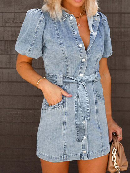 Puff Sleeve Button Up Mini Denim Dress