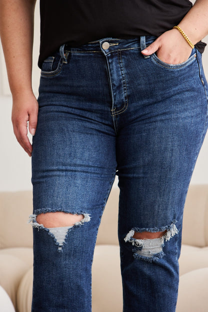 Distressed High Waist Raw Hem Jeans