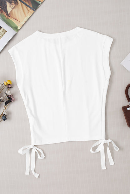 Drawstring Round Neck Cap Sleeve Blouse