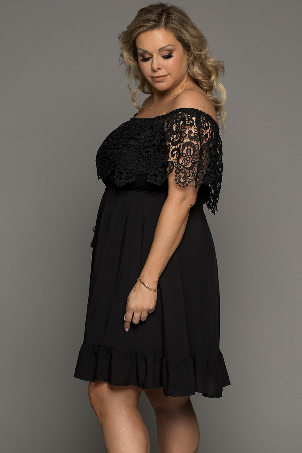 Tassel Tie Spliced Lace Off-Shoulder Dress