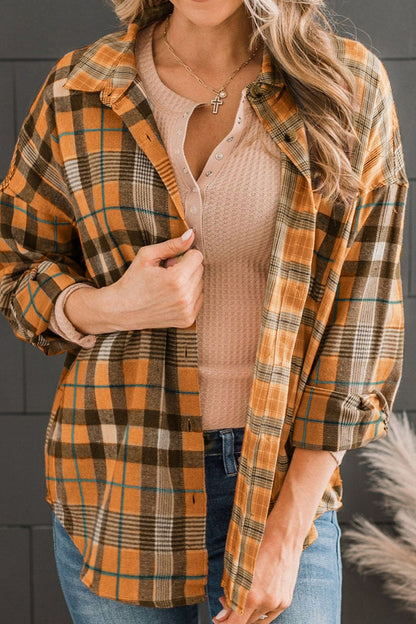 Plaid Collared Neck Long Sleeve Button-Up Shirt