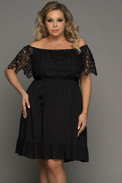 Tassel Tie Spliced Lace Off-Shoulder Dress